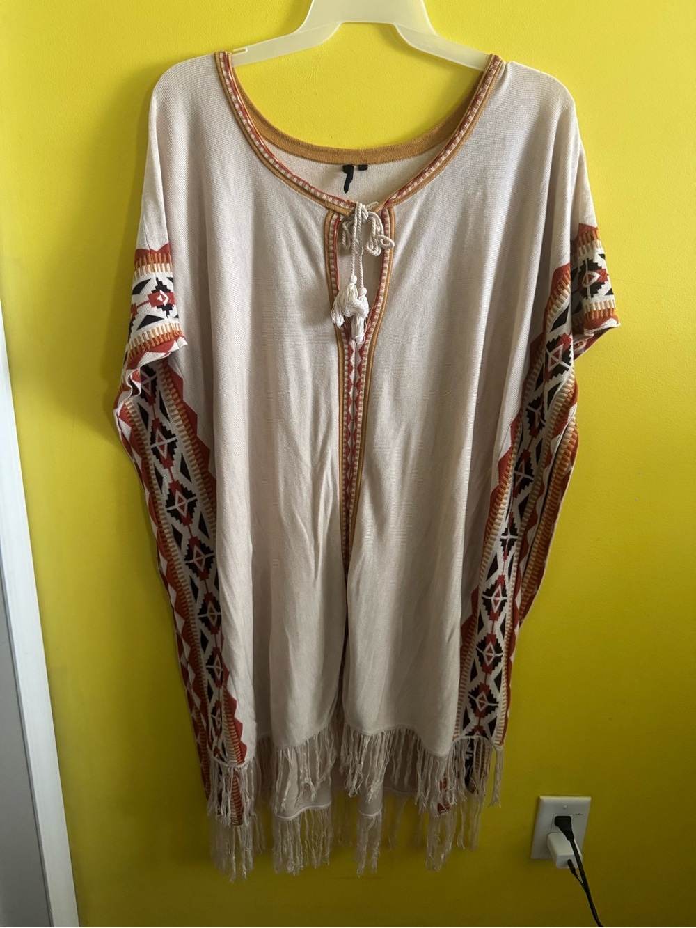 Cream Poncho with Geometric/Aztec Accents